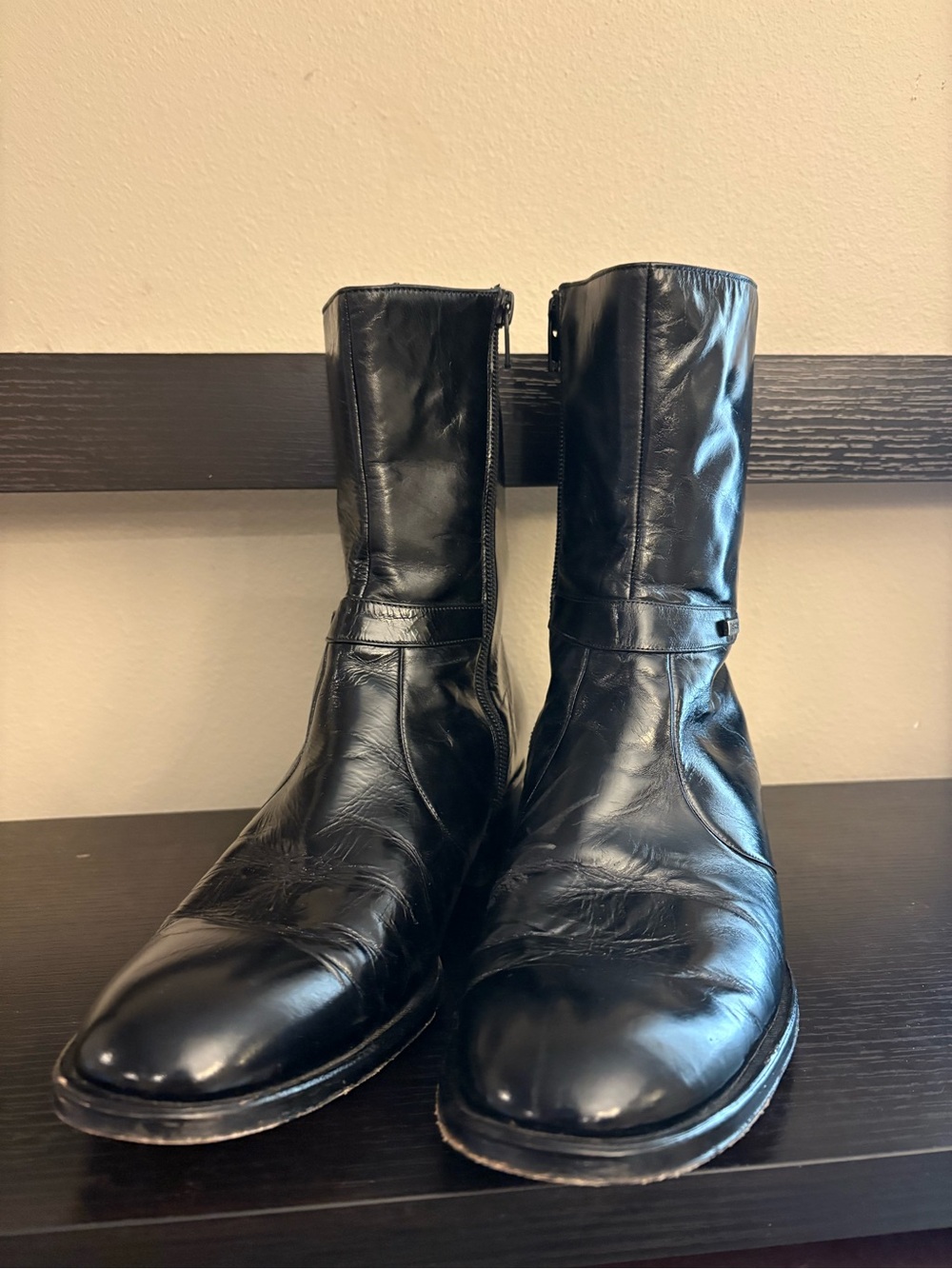 Men's Black Leather Ankle Boots Side-Zip Beatles Motorcycle